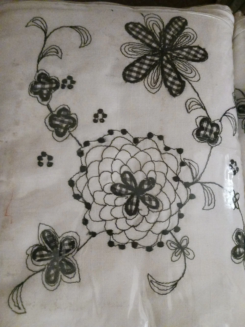Embroidered Floral Panel Curtains in White with Black Accents 4 Panels